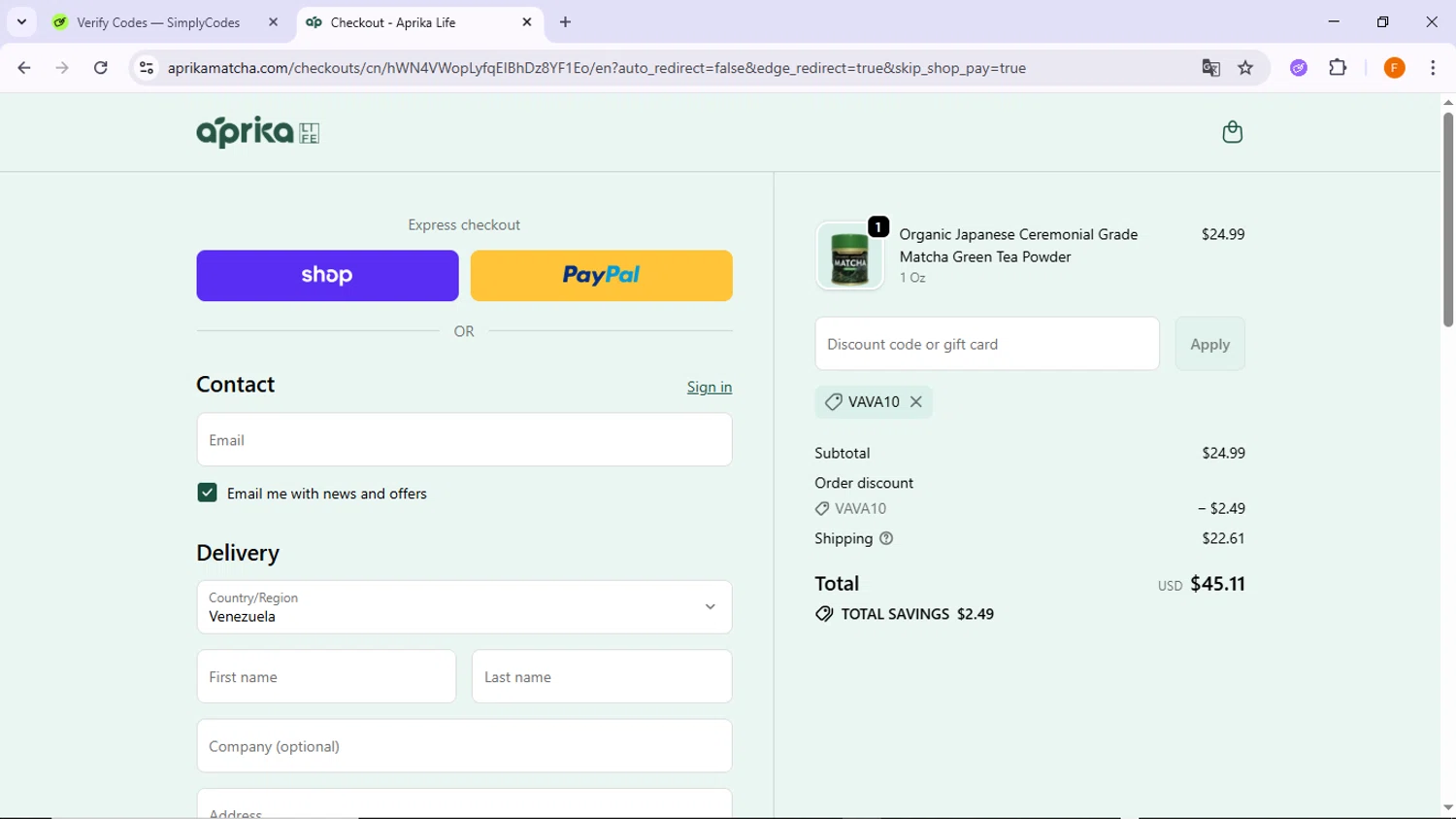 aprikamatcha promo code screenshot showing code VAVA10 applied at aprikamatcha checkout page. Uploaded by SimplyCodes community member TreasureSleuth5198 on Oct 25, 2025