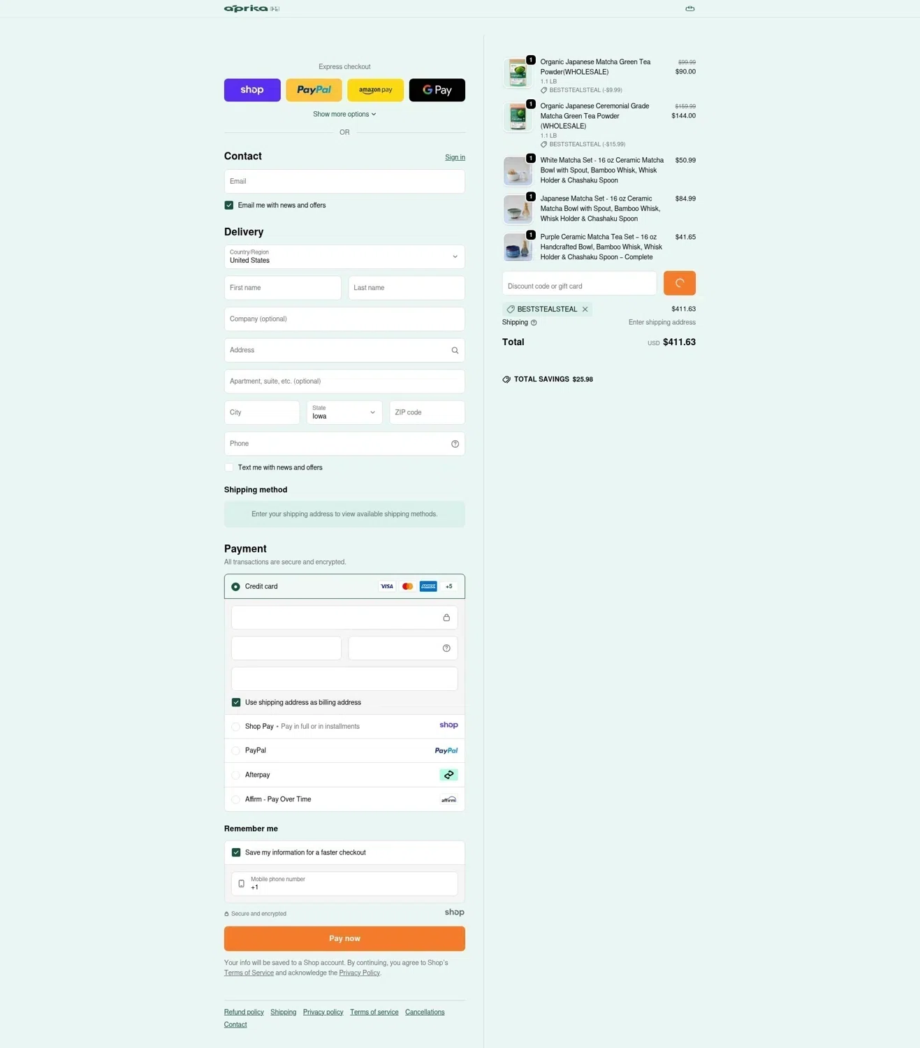 aprikamatcha promo code screenshot showing code beststealsteal applied at aprikamatcha checkout page. Uploaded by SimplyCodes community member LOgoter on Jan 5, 2026