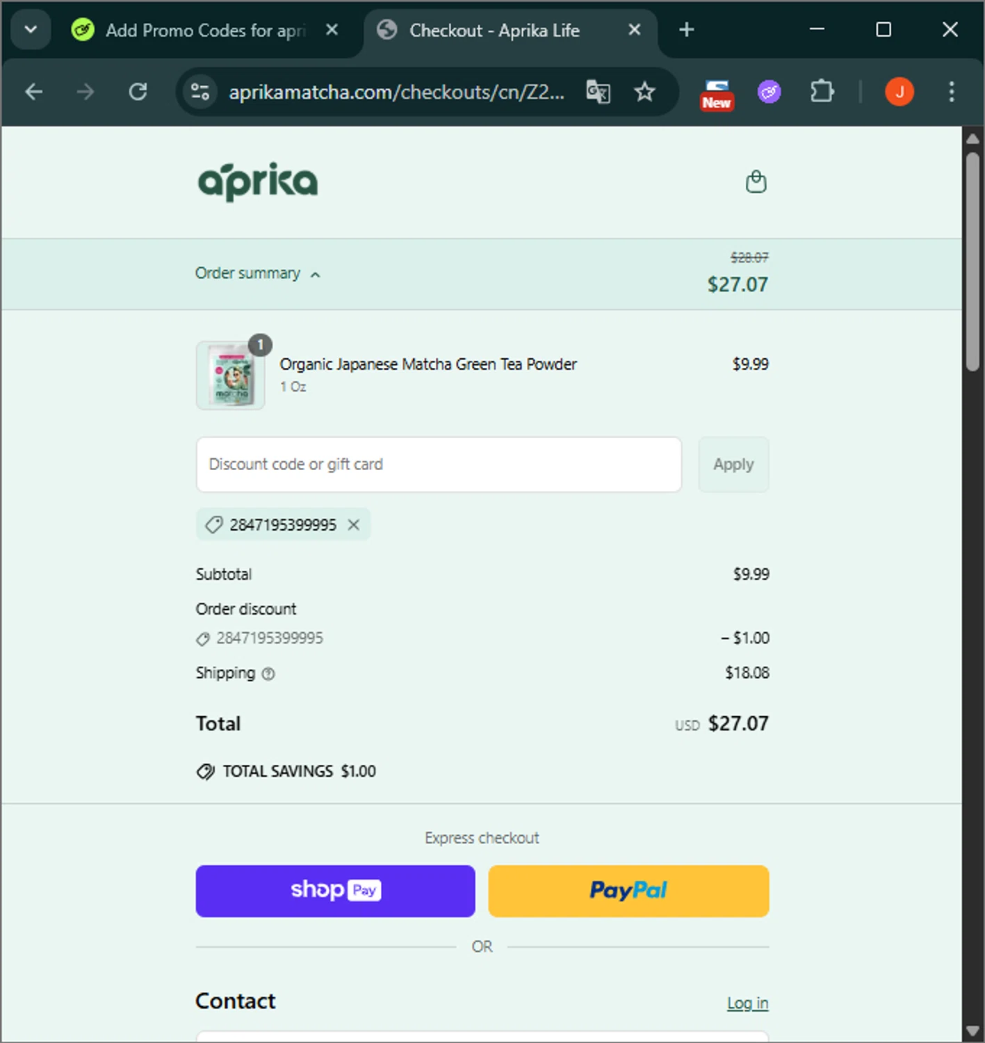 aprikamatcha promo code screenshot showing code 2847195399995 applied at aprikamatcha checkout page. Uploaded by SimplyCodes community member SilverRanger658 on Apr 28, 2025