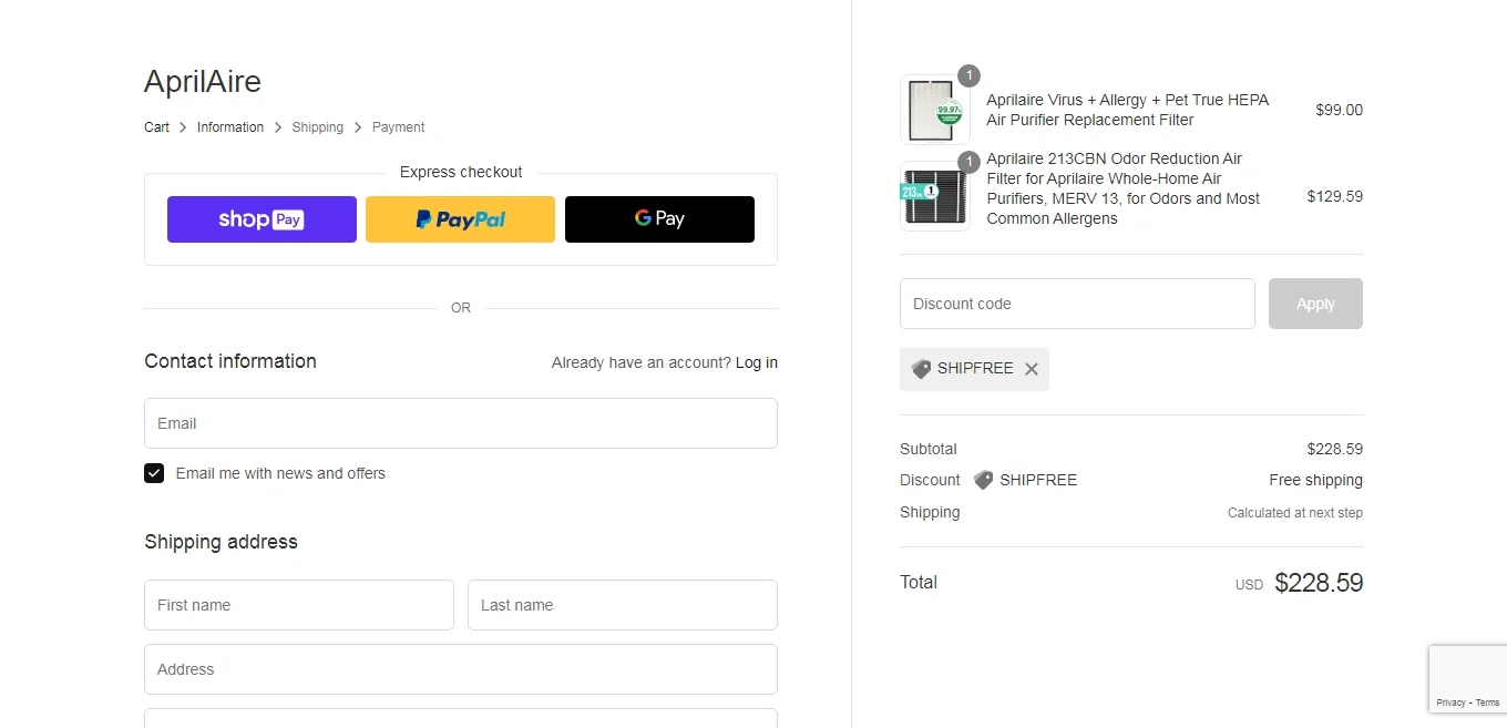 Aprilaire checkout page showing Aprilaire discount code box | Screenshot taken by SimplyCodes community member on Apr 8, 2022