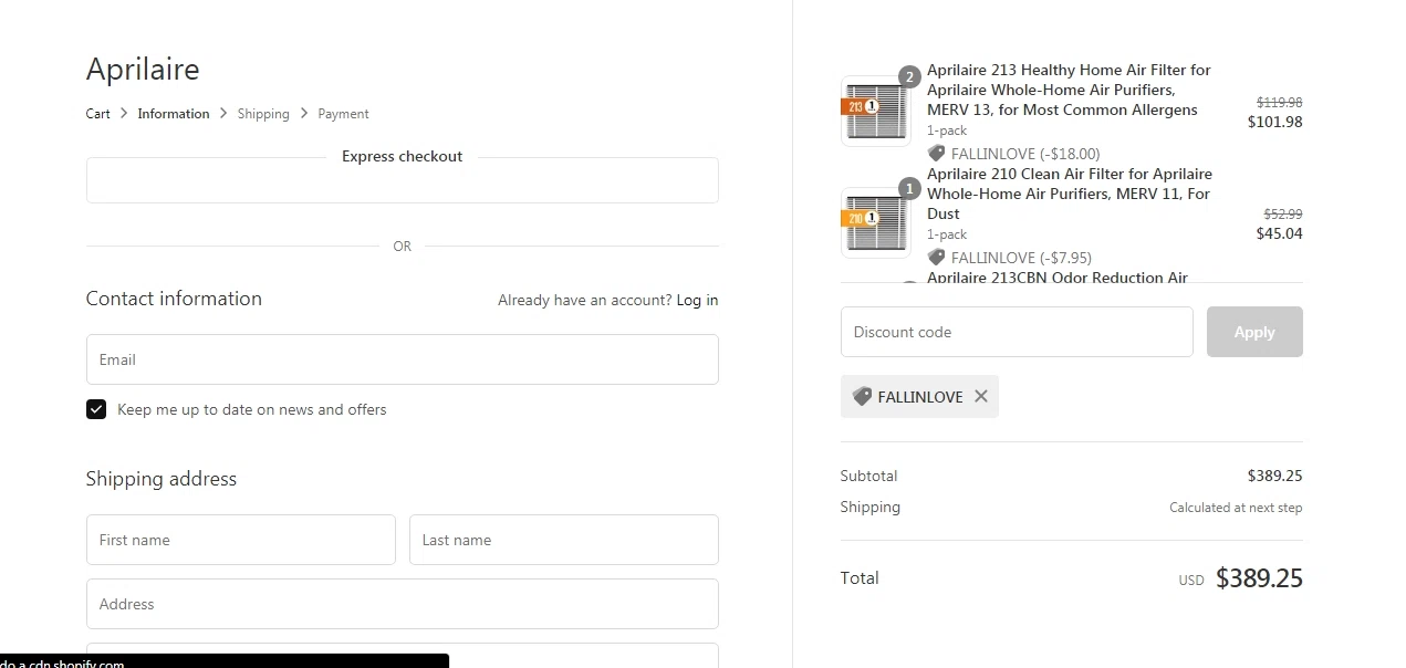 Aprilaire checkout page showing Aprilaire discount code box | Screenshot taken by SimplyCodes community member on Sep 16, 2021