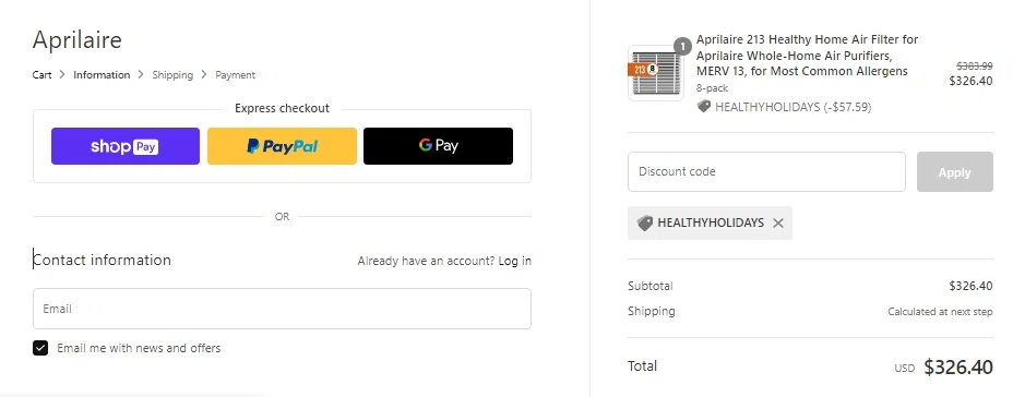 Aprilaire checkout page showing Aprilaire discount code box | Screenshot taken by SimplyCodes community member on Dec 16, 2021