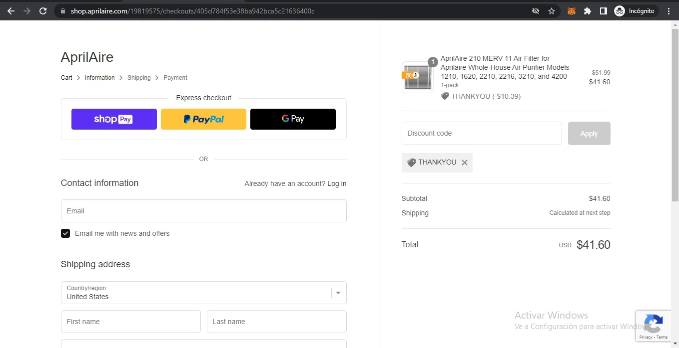 Aprilaire checkout page showing Aprilaire discount code box | Screenshot taken by SimplyCodes community member on Aug 14, 2022