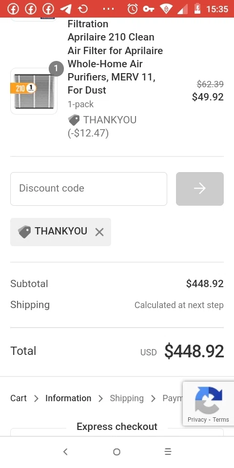 Aprilaire checkout page showing Aprilaire discount code box | Screenshot taken by SimplyCodes community member on May 10, 2022