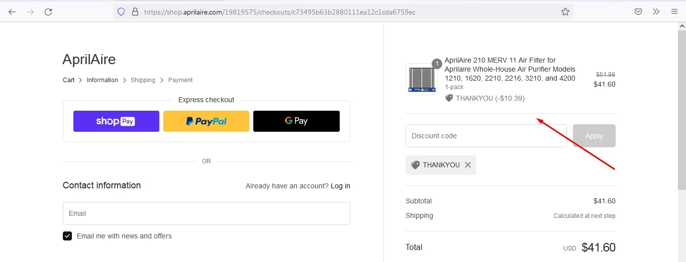 Aprilaire checkout page showing Aprilaire discount code box | Screenshot taken by SimplyCodes community member on Sep 12, 2022