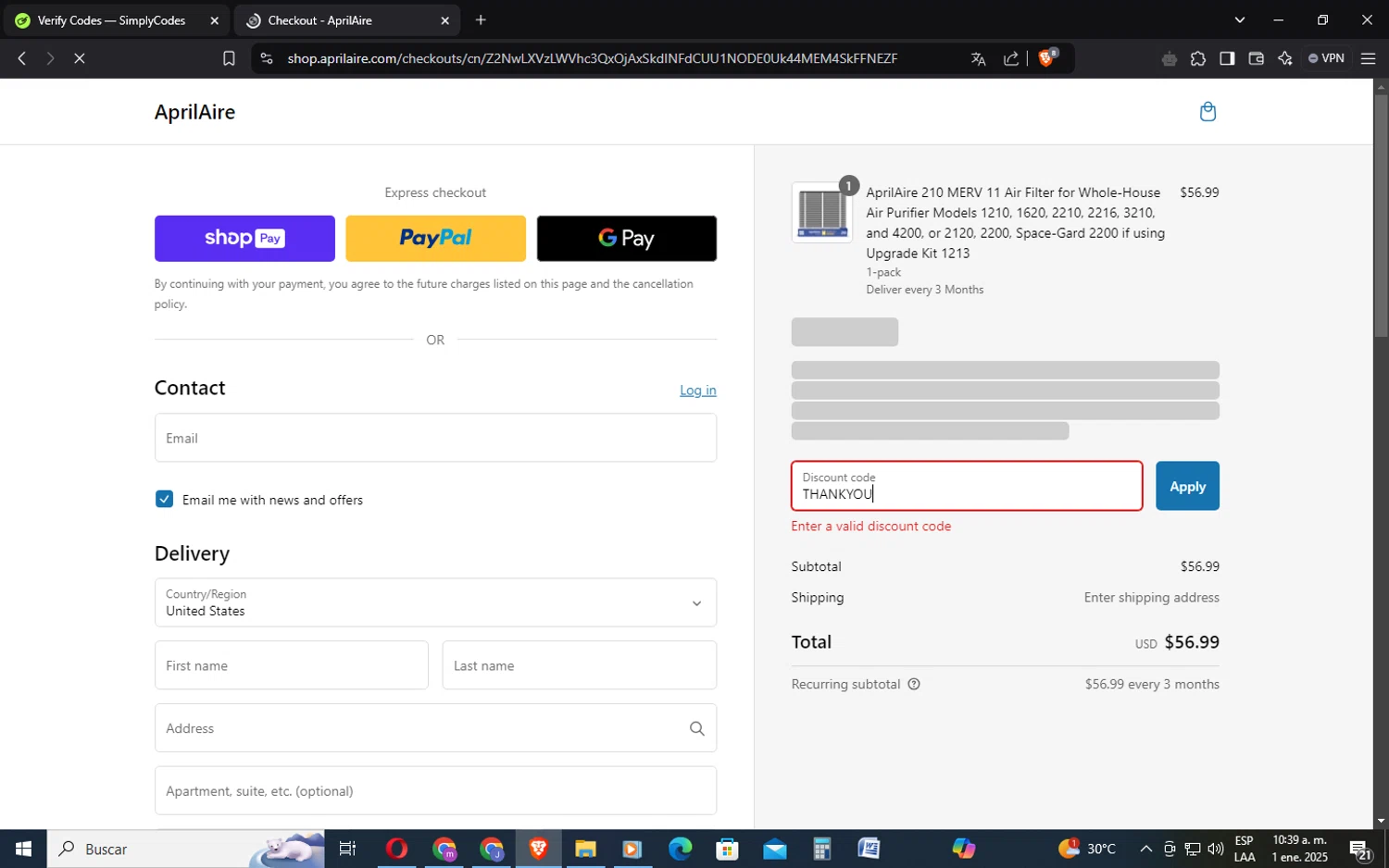 Aprilaire discount code screenshot showing code THANKYOU applied at Aprilaire checkout page. Uploaded by SimplyCodes community member FrugalMonarch7277 on Jan 1, 2025