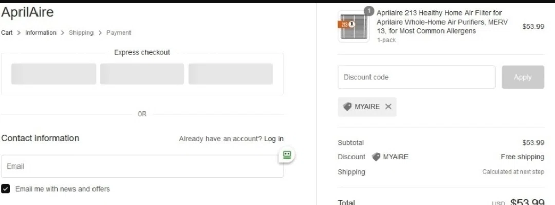 Aprilaire checkout page showing Aprilaire discount code box | Screenshot taken by SimplyCodes community member on Jul 27, 2022