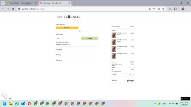 April Cornell checkout page showing April Cornell coupon code box | Screenshot taken by SimplyCodes community member on Aug 18, 2025