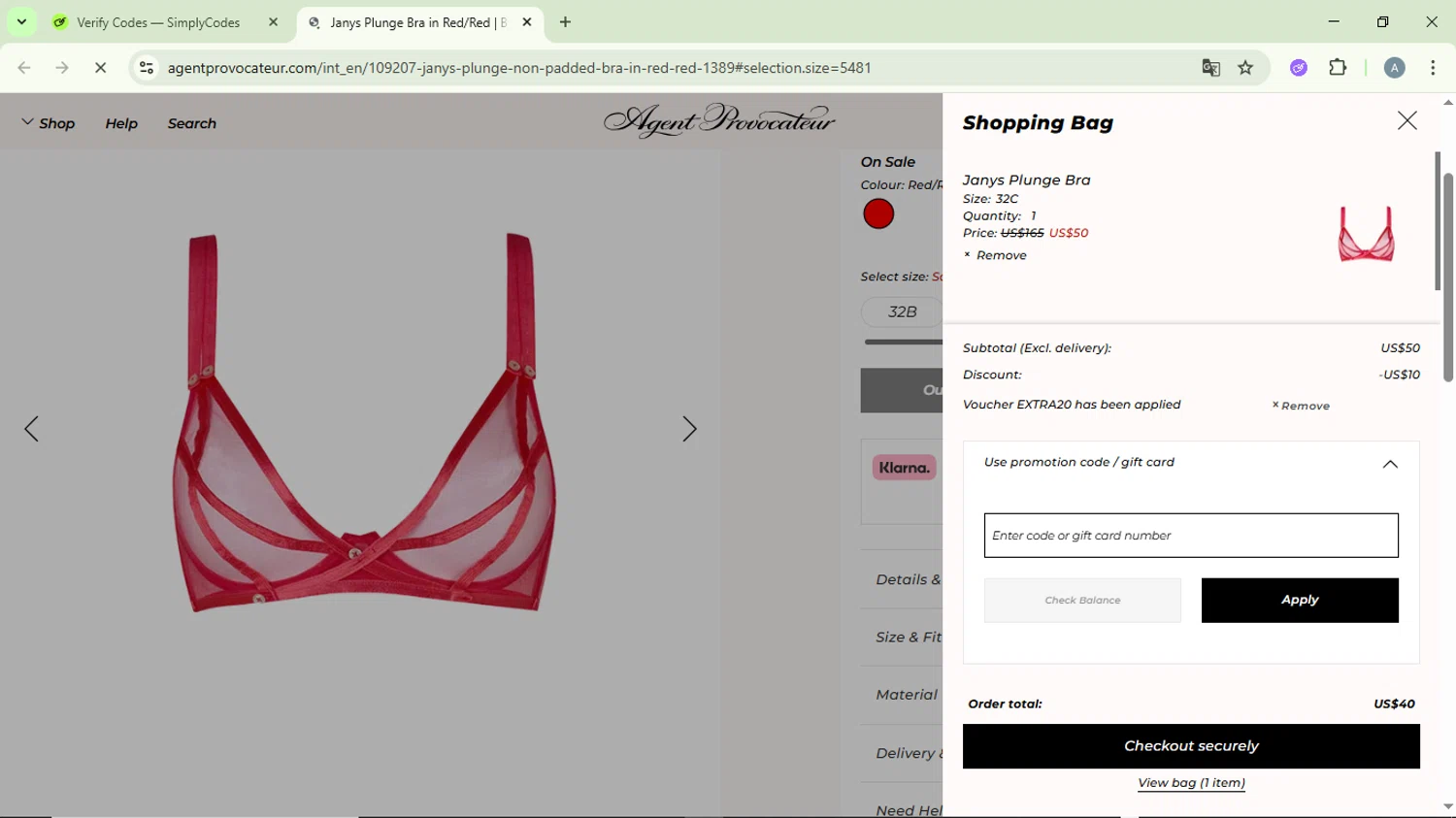 Agent Provocateur checkout page showing Agent Provocateur promo code box | Screenshot taken by SimplyCodes community member on Oct 23, 2025