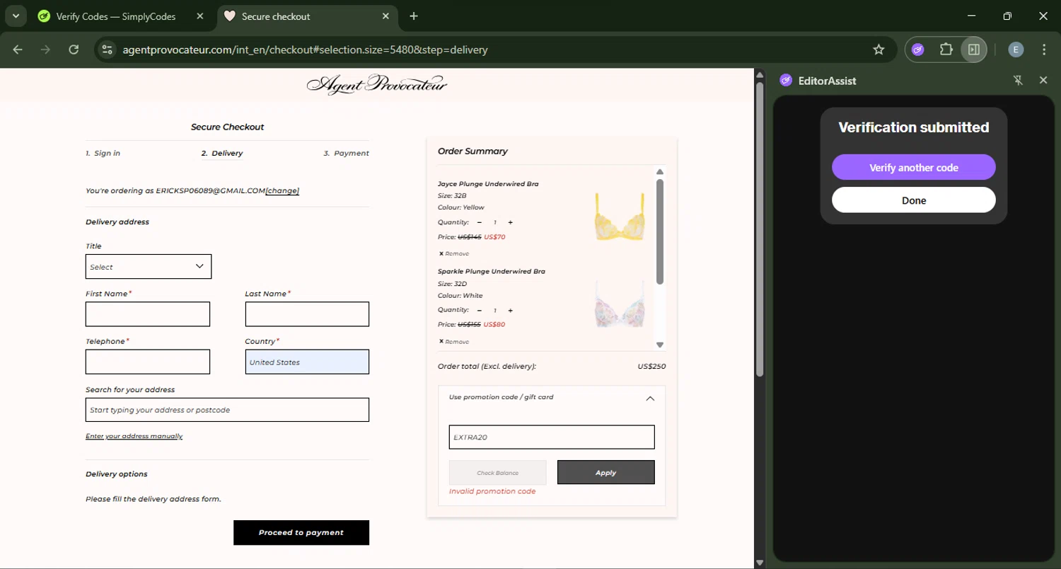Agent Provocateur promo code screenshot showing code EXTRA20 applied at Agent Provocateur checkout page. Uploaded by SimplyCodes community member ExtraordinaryMonarch4598 on Aug 8, 2025