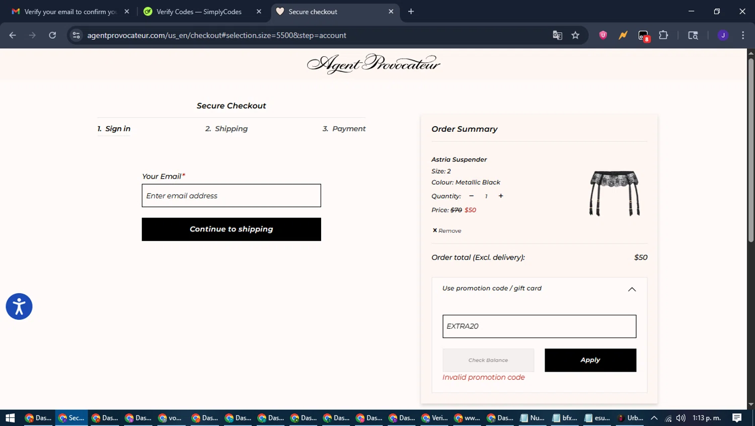 Agent Provocateur promo code screenshot showing code EXTRA20 applied at Agent Provocateur checkout page. Uploaded by SimplyCodes community member LegendaryLegend9872 on Aug 8, 2025