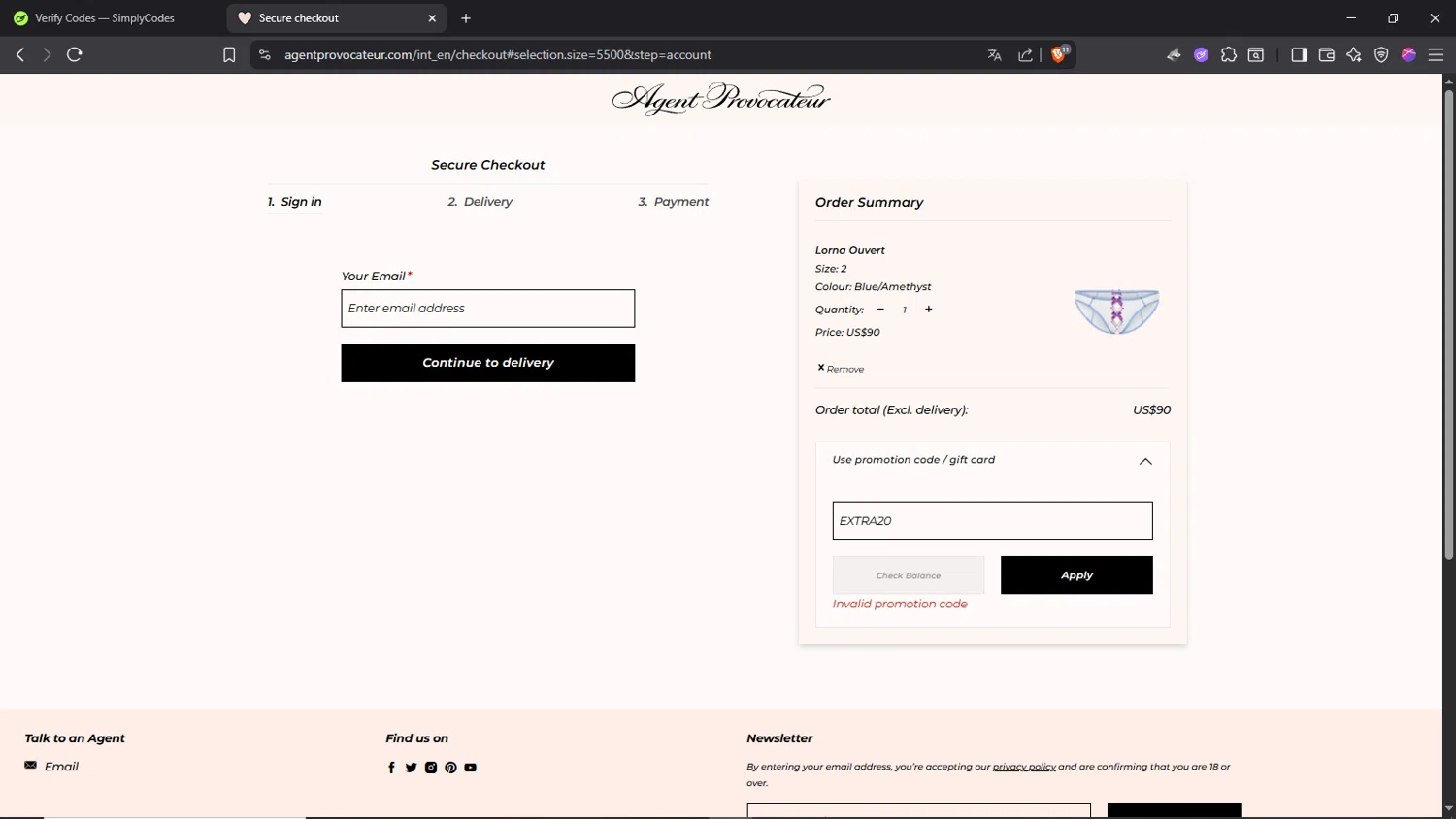 Agent Provocateur promo code screenshot showing code EXTRA20 applied at Agent Provocateur checkout page. Uploaded by SimplyCodes community member Morrachida04 on Aug 8, 2025