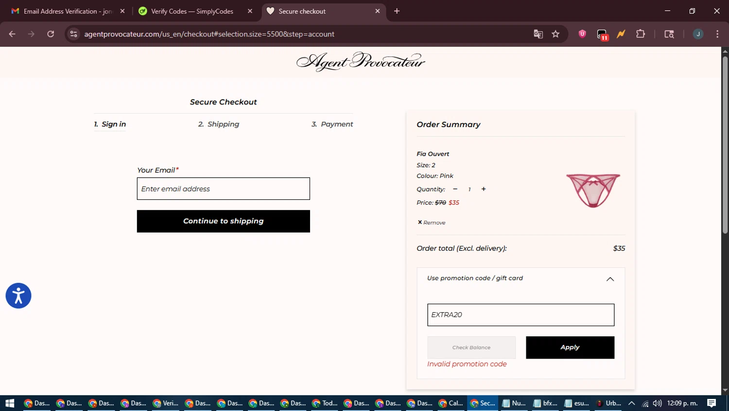 Agent Provocateur promo code screenshot showing code EXTRA20 applied at Agent Provocateur checkout page. Uploaded by SimplyCodes community member ScanLynx8928 on Aug 8, 2025