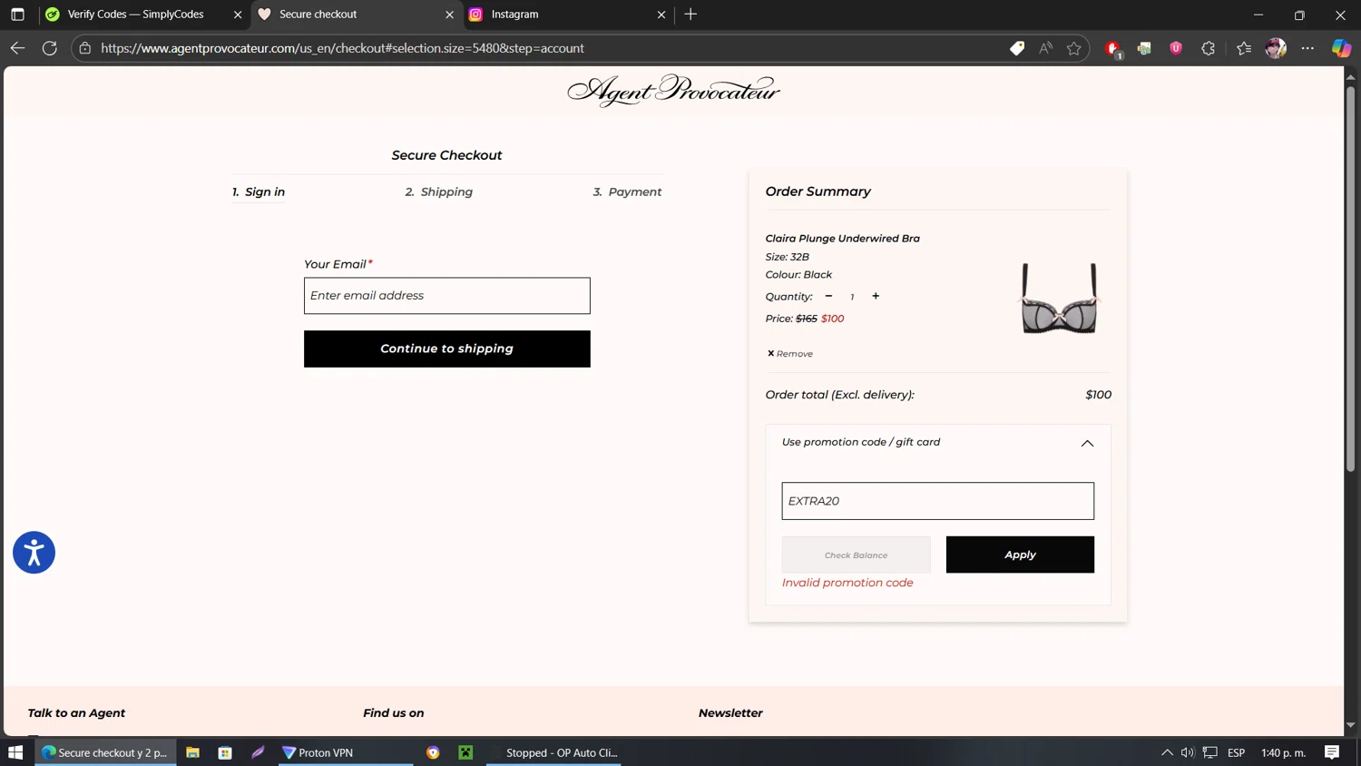 Agent Provocateur promo code screenshot showing code EXTRA20 applied at Agent Provocateur checkout page. Uploaded by SimplyCodes community member belindaflores on Aug 8, 2025