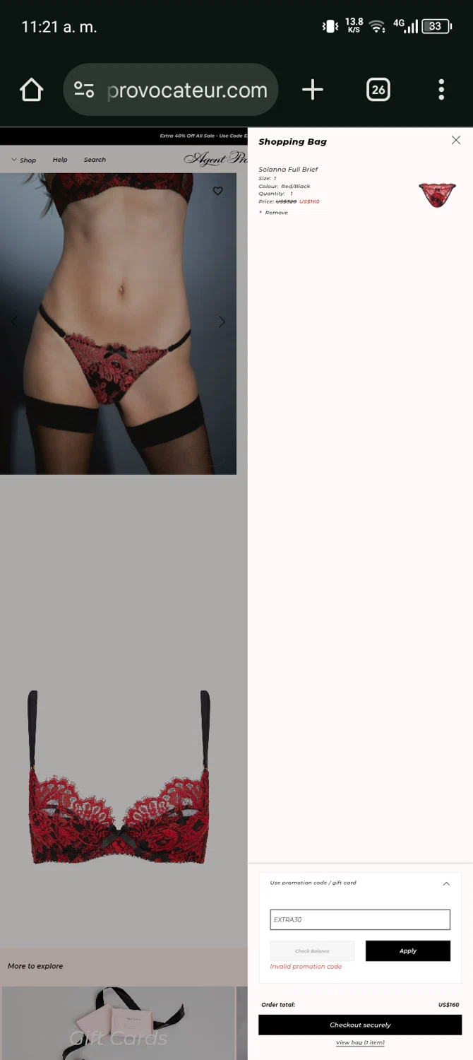 Agent Provocateur promo code screenshot showing code EXTRA30 applied at Agent Provocateur checkout page. Uploaded by SimplyCodes community member Bernado on Jan 30, 2026