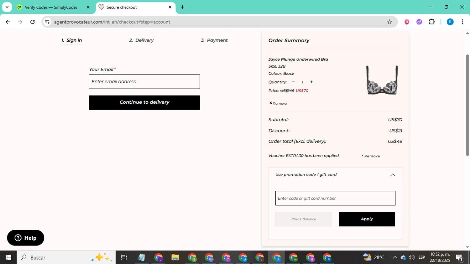 Agent Provocateur promo code screenshot showing code EXTRA30 applied at Agent Provocateur checkout page. Uploaded by SimplyCodes community member CodeShopper8605 on Oct 23, 2025