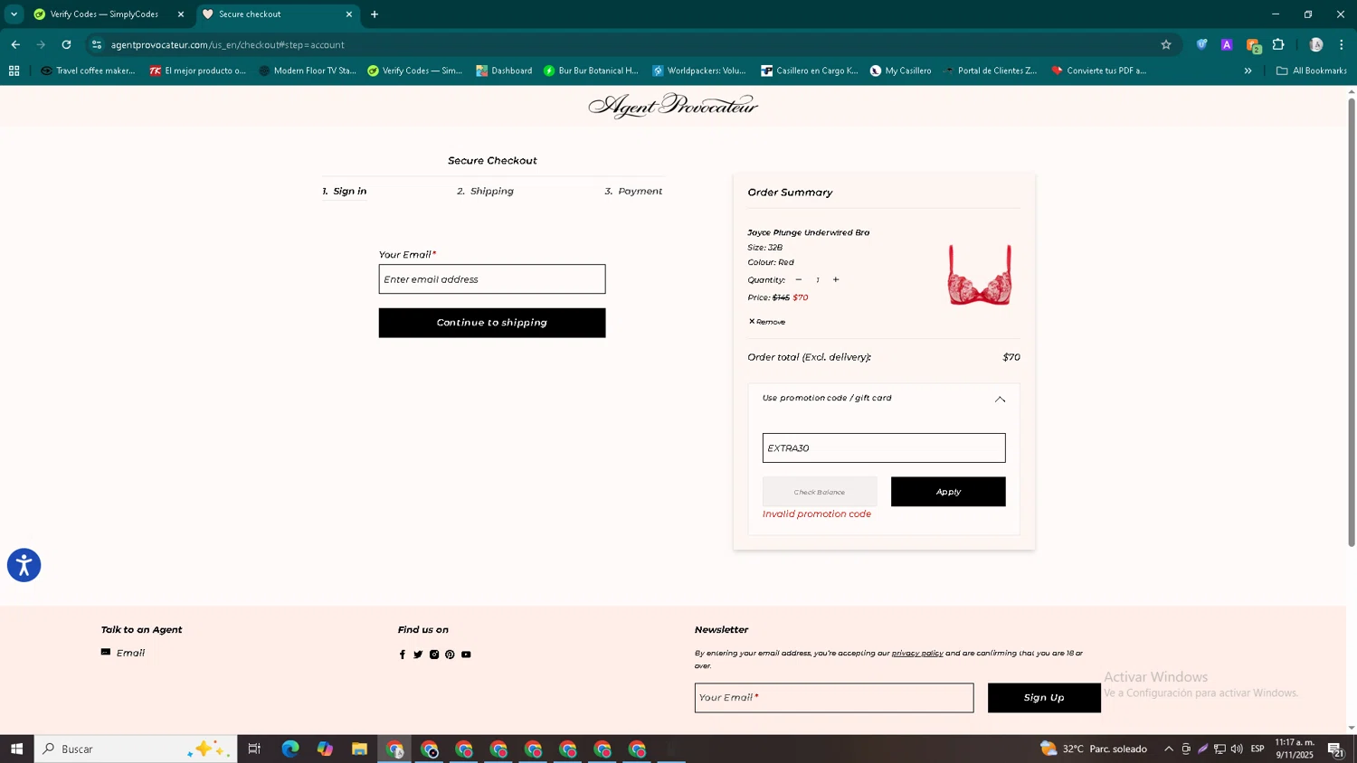 Agent Provocateur promo code screenshot showing code EXTRA30 applied at Agent Provocateur checkout page. Uploaded by SimplyCodes community member John_Johnson on Nov 9, 2025