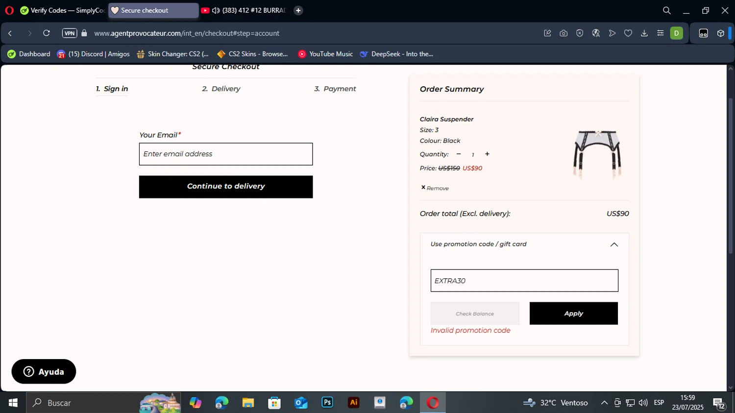 Agent Provocateur promo code screenshot showing code EXTRA30 applied at Agent Provocateur checkout page. Uploaded by SimplyCodes community member PedriPingo on Jul 23, 2025
