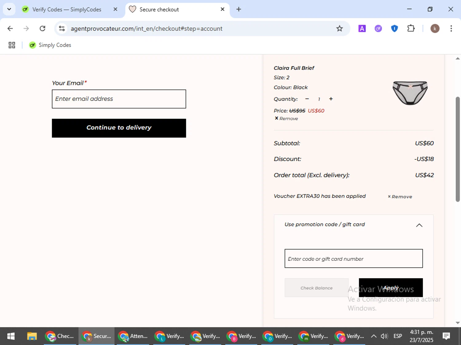 Agent Provocateur promo code screenshot showing code EXTRA30 applied at Agent Provocateur checkout page. Uploaded by SimplyCodes community member RewardRanger298 on Jul 23, 2025