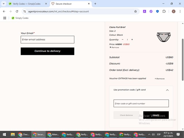 Agent Provocateur checkout page showing Agent Provocateur promo code box | Screenshot taken by SimplyCodes community member on Jul 23, 2025