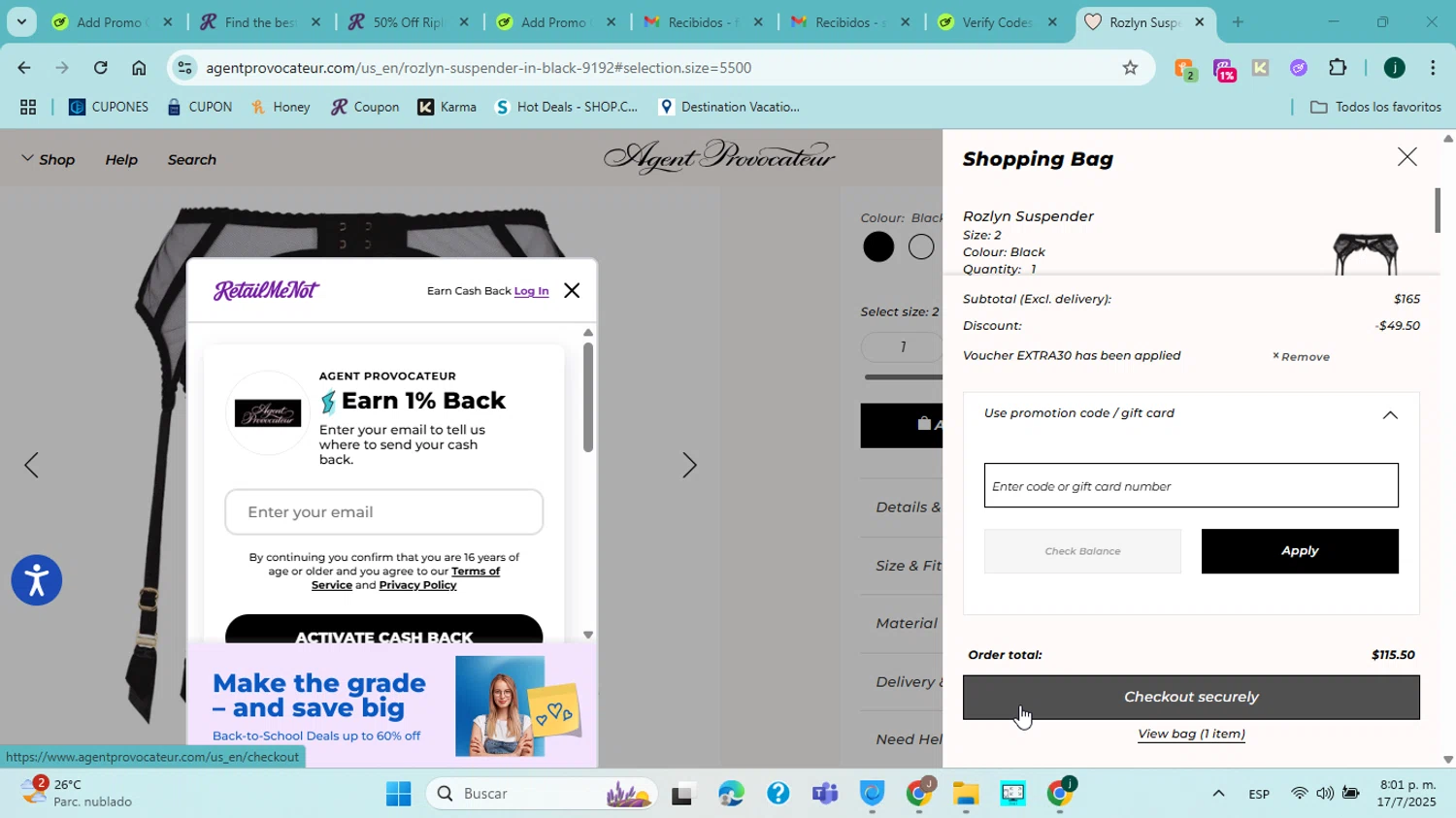 Agent Provocateur promo code screenshot showing code EXTRA30 applied at Agent Provocateur checkout page. Uploaded by SimplyCodes community member jorgejavierherrera on Jul 18, 2025