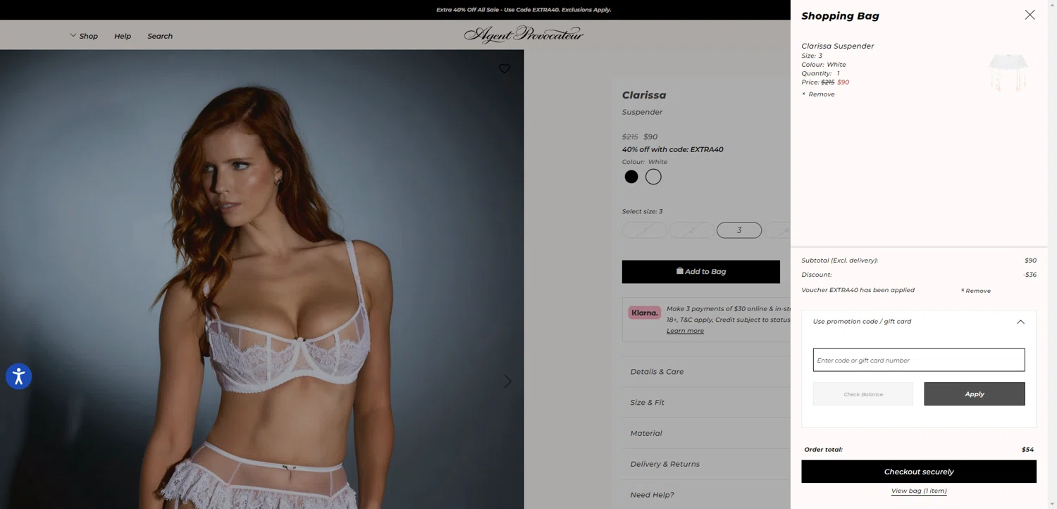 Agent Provocateur checkout page showing Agent Provocateur promo code box | Screenshot taken by SimplyCodes community member on Feb 1, 2026
