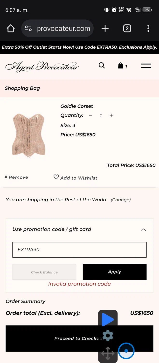 Agent Provocateur promo code screenshot showing code EXTRA40 applied at Agent Provocateur checkout page. Uploaded by SimplyCodes community member GumballWatterson on Apr 4, 2025