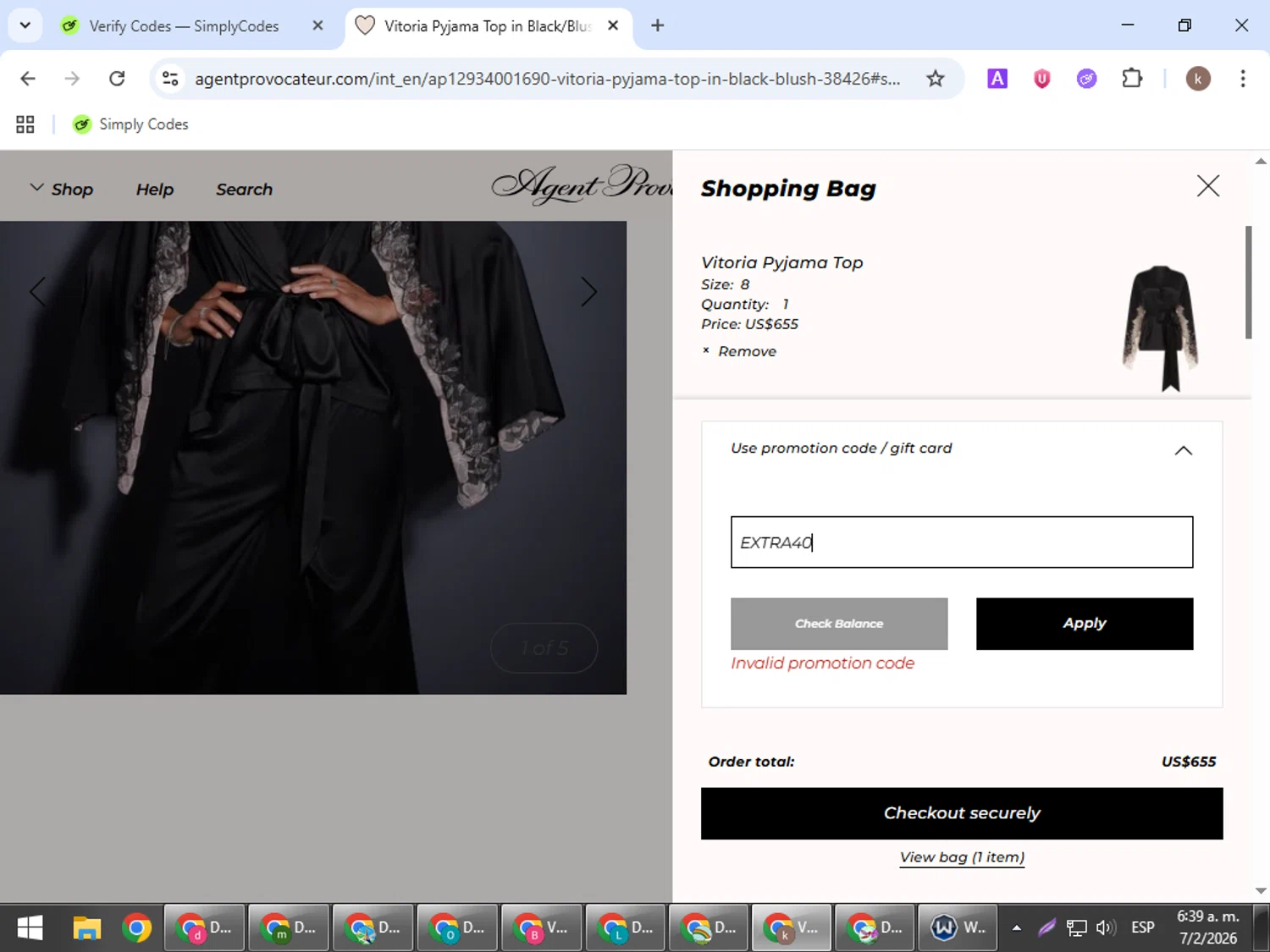 Agent Provocateur promo code screenshot showing code EXTRA40 applied at Agent Provocateur checkout page. Uploaded by SimplyCodes community member RewardRanger298 on Feb 7, 2026