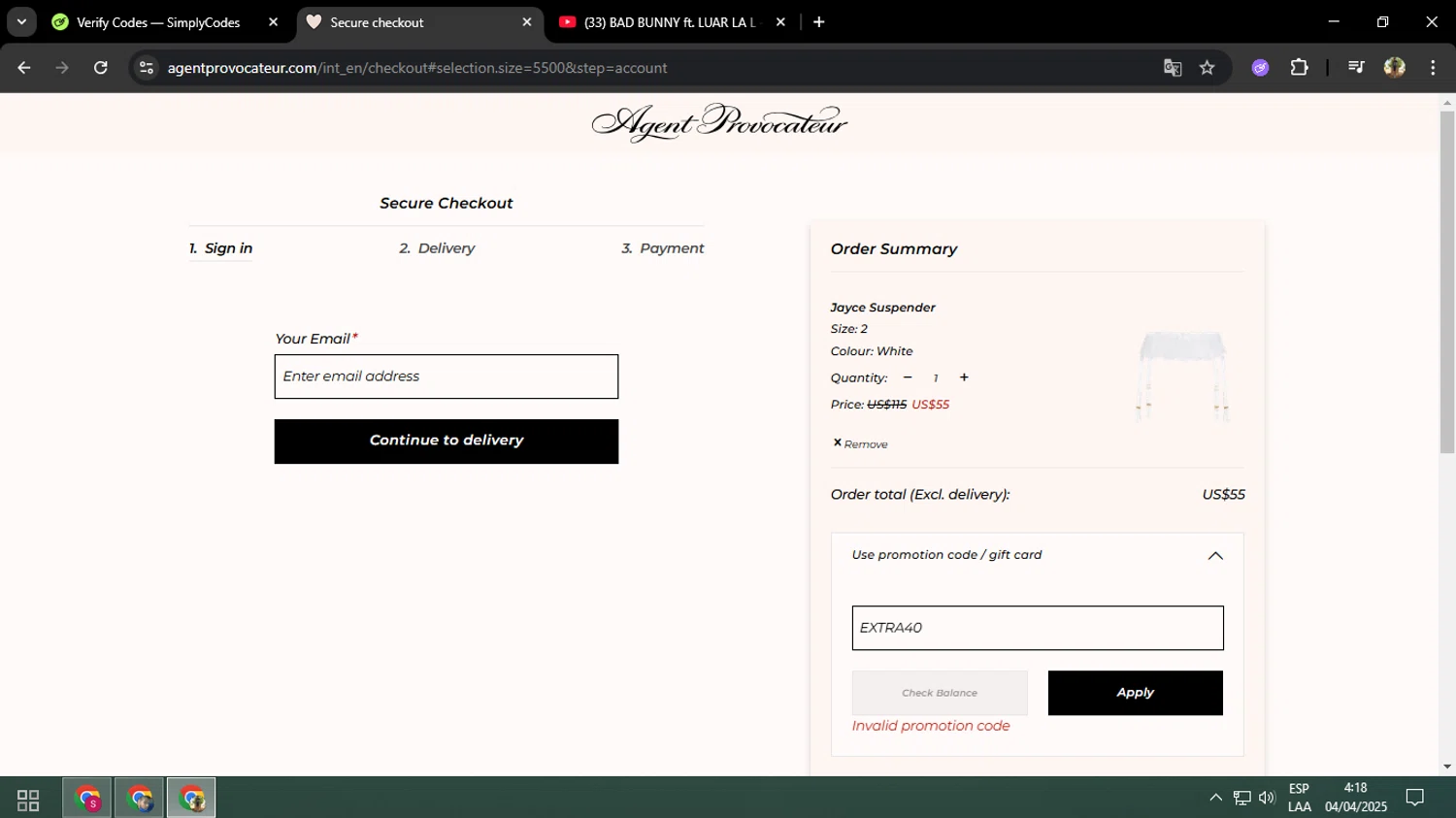 Agent Provocateur promo code screenshot showing code EXTRA40 applied at Agent Provocateur checkout page. Uploaded by SimplyCodes community member ELVERDEDESAMP on Apr 4, 2025