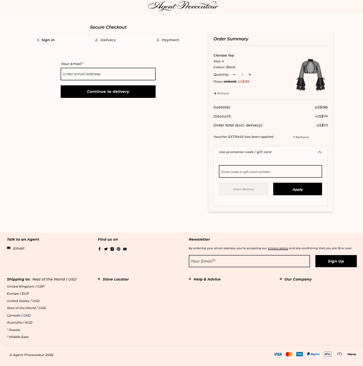 Agent Provocateur promo code screenshot showing code EXTRA40 applied at Agent Provocateur checkout page. Uploaded by SimplyCodes community member reggiesmith on Jan 26, 2026