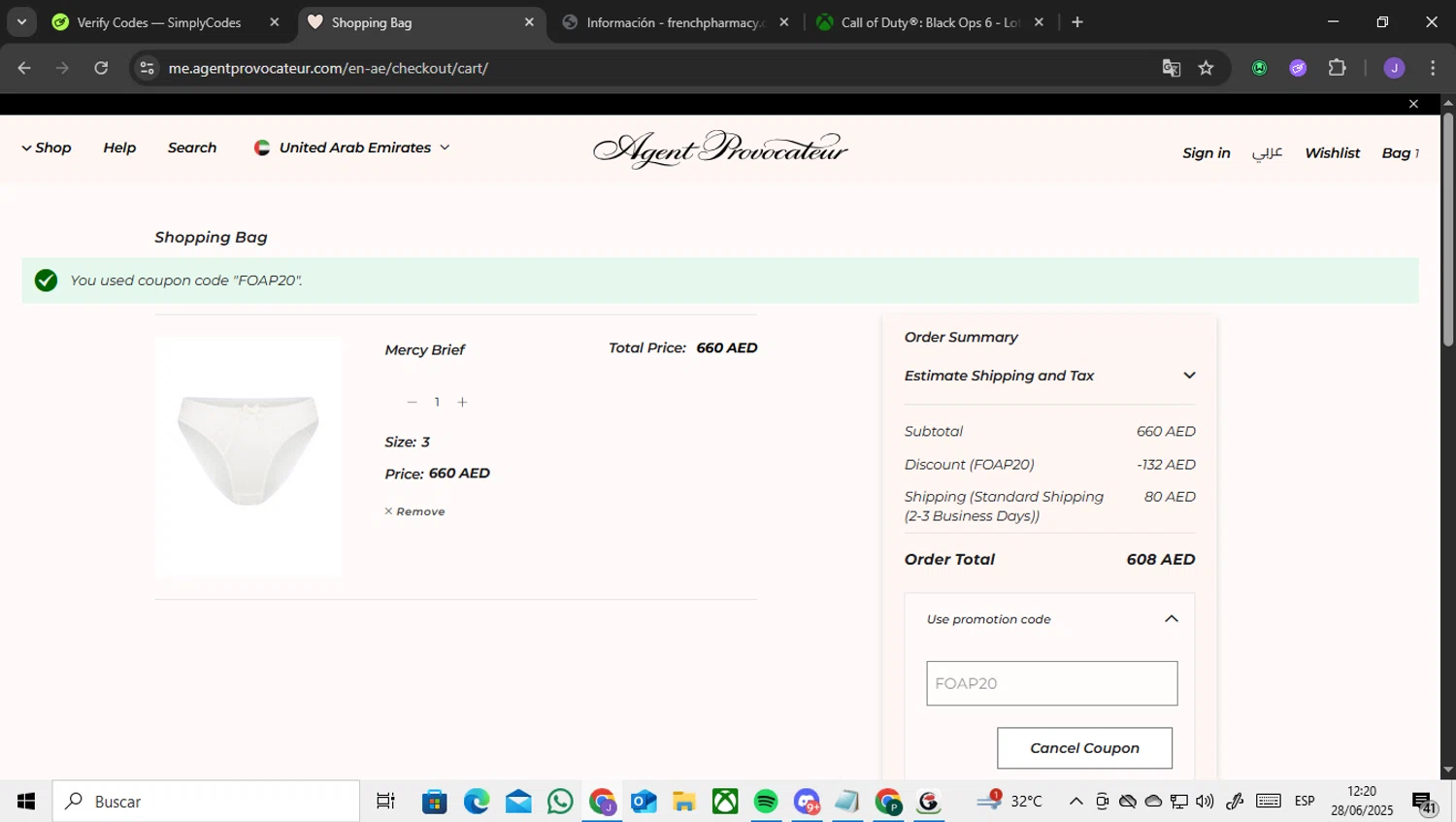 Agent Provocateur promo code screenshot showing code FOAP20 applied at Agent Provocateur checkout page. Uploaded by SimplyCodes community member ENCARAMESSI on Jun 28, 2025