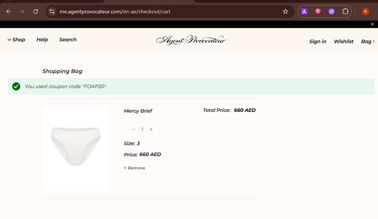 Agent Provocateur promo code screenshot showing code FOAP20 applied at Agent Provocateur checkout page. Uploaded by SimplyCodes community member PromoHawk3429 on Jul 9, 2025