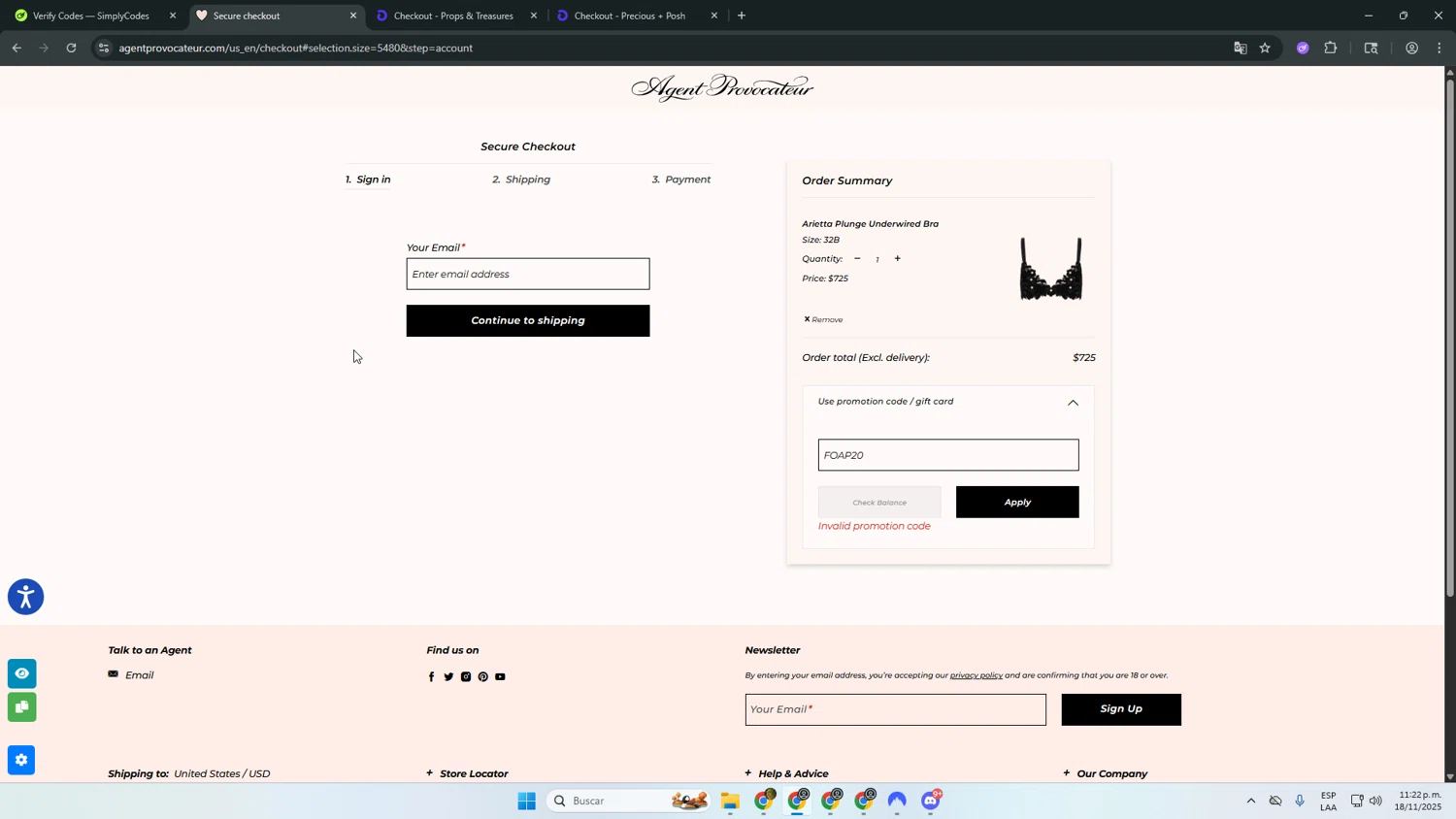 Agent Provocateur promo code screenshot showing code FOAP20 applied at Agent Provocateur checkout page. Uploaded by SimplyCodes community member sfdfgdsfgdfgdfg on Nov 19, 2025