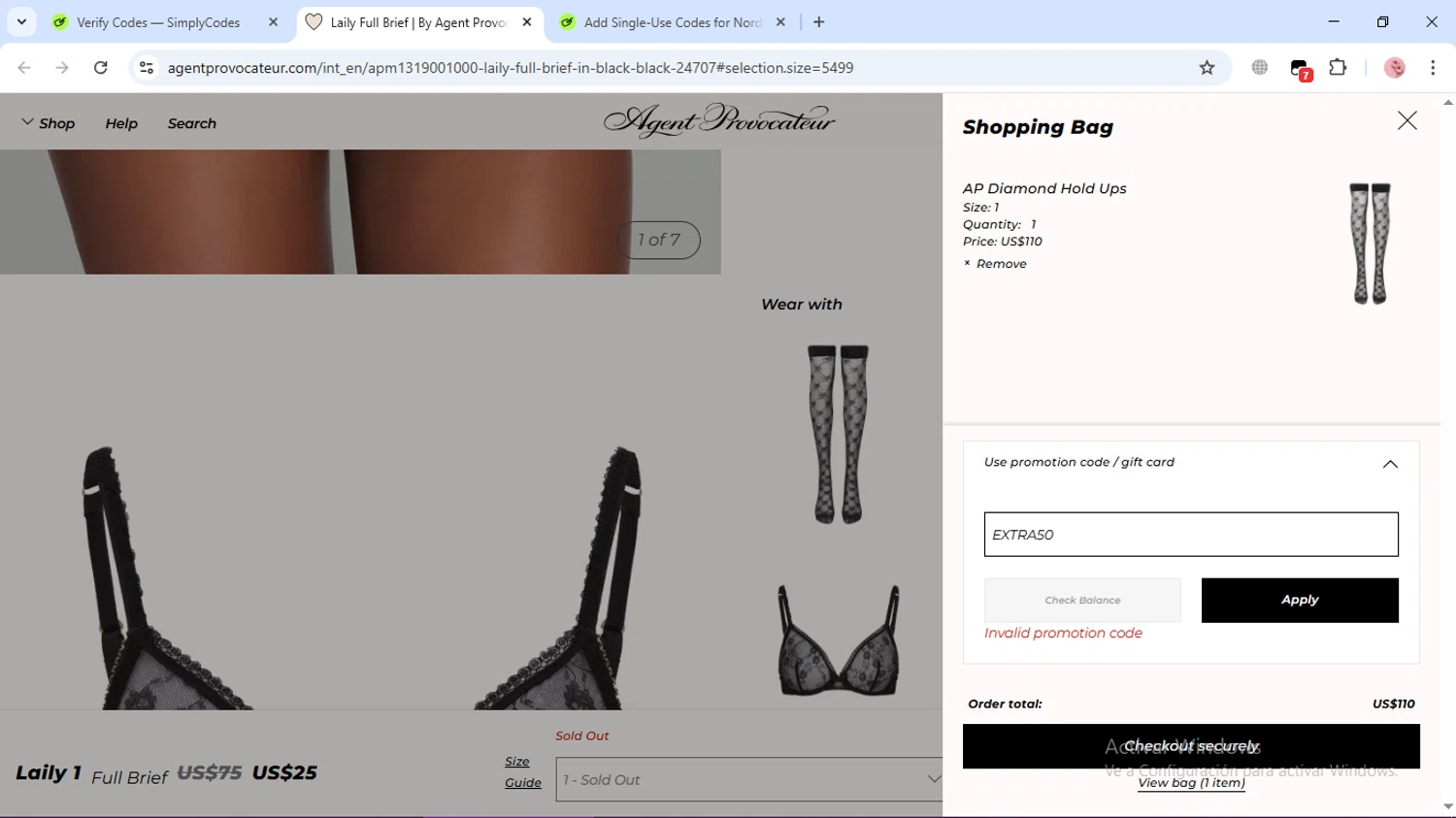 Agent Provocateur promo code screenshot showing code EXTRA50 applied at Agent Provocateur checkout page. Uploaded by SimplyCodes community member GleywilmarReyes on Apr 17, 2025