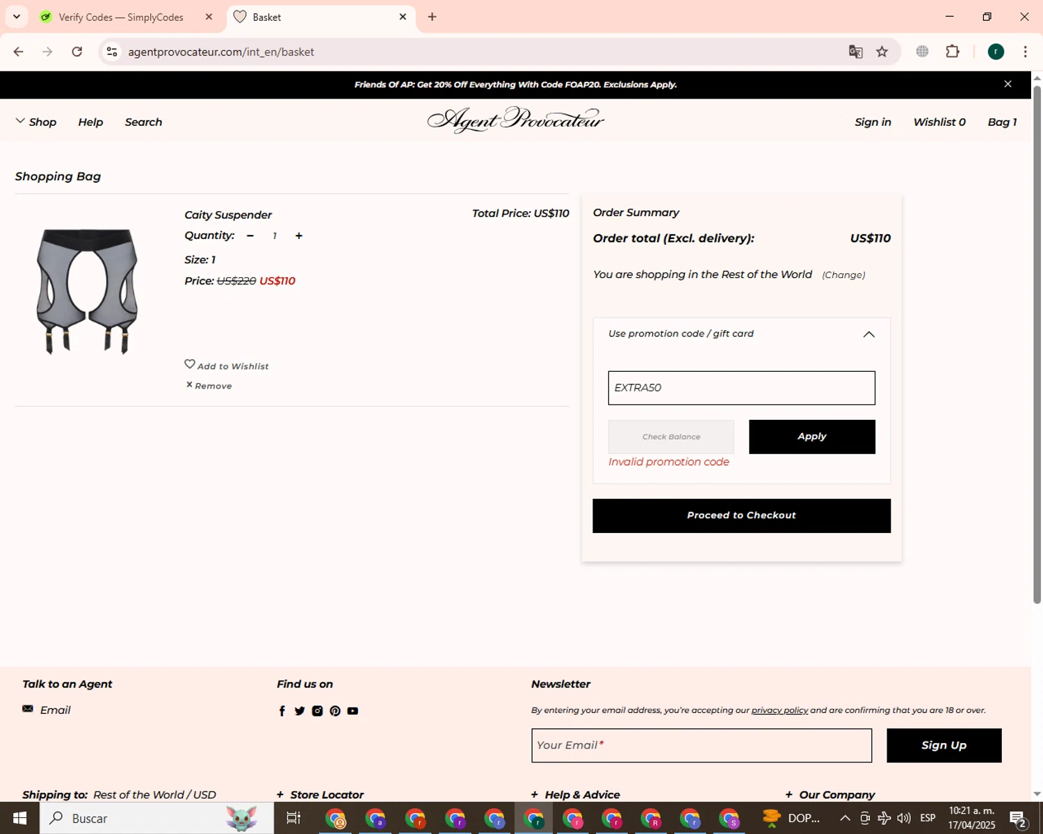 Agent Provocateur promo code screenshot showing code EXTRA50 applied at Agent Provocateur checkout page. Uploaded by SimplyCodes community member BrilliantSleuth9299 on Apr 17, 2025