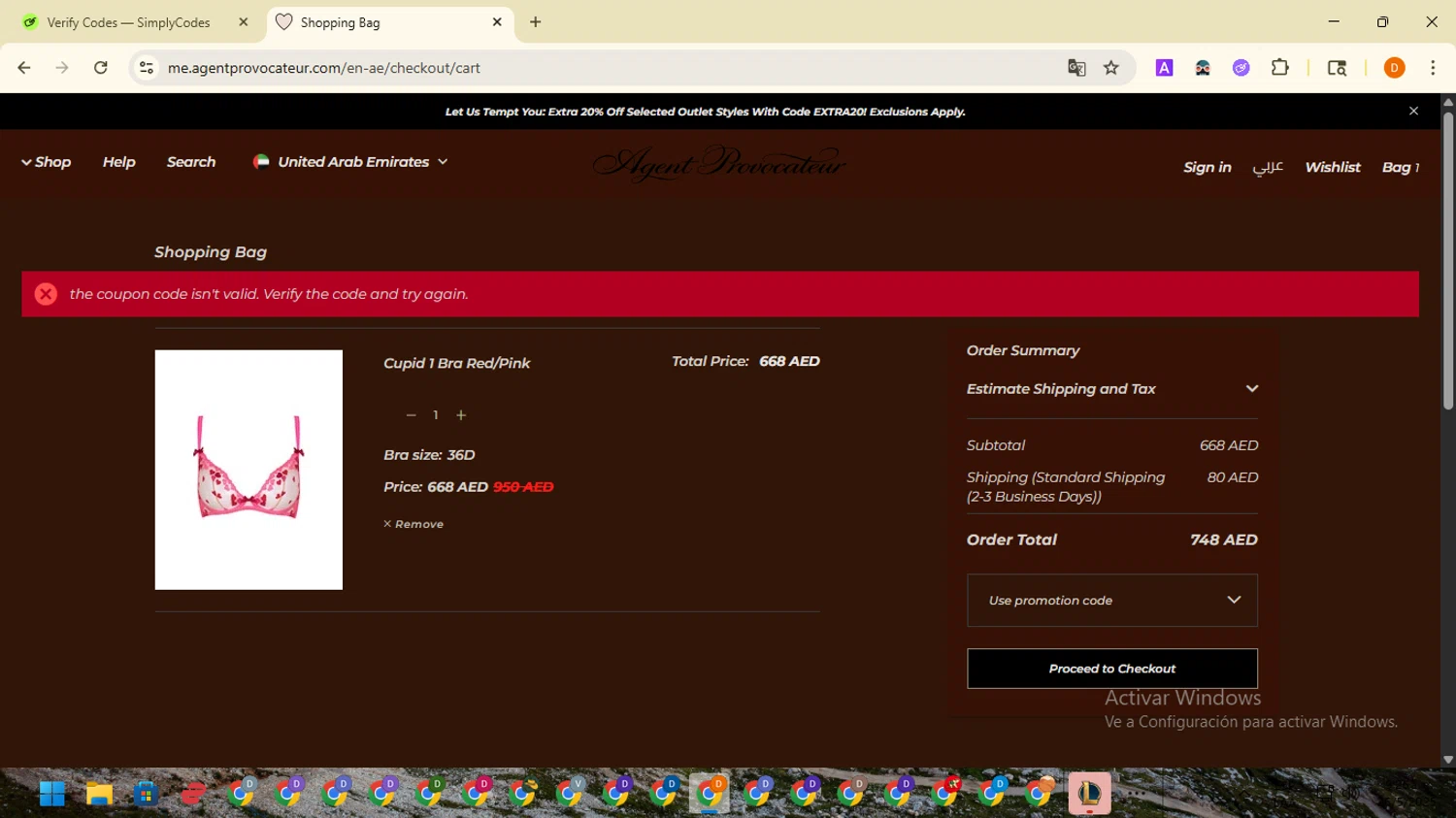 Agent Provocateur promo code screenshot showing code EXTR2A0 applied at Agent Provocateur checkout page. Uploaded by SimplyCodes community member SavingsMaverick3203 on May 26, 2025