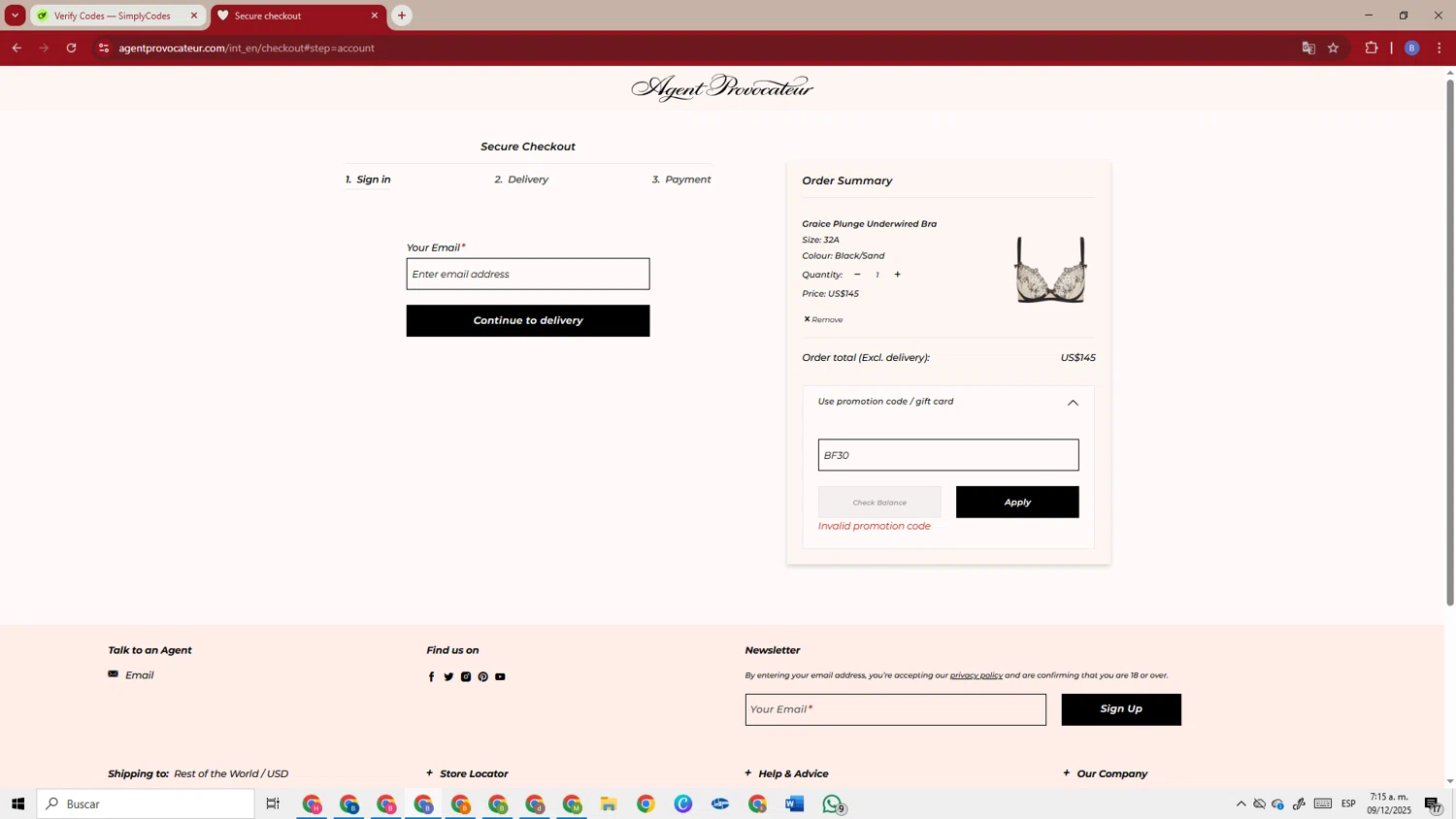 Agent Provocateur promo code screenshot showing code BF30 applied at Agent Provocateur checkout page. Uploaded by SimplyCodes community member TokenSentinel5304 on Dec 9, 2025