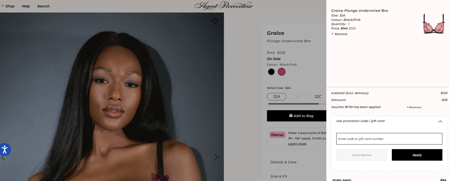 Agent Provocateur promo code screenshot showing code BF30 applied at Agent Provocateur checkout page. Uploaded by SimplyCodes community member jesspea on Nov 19, 2025