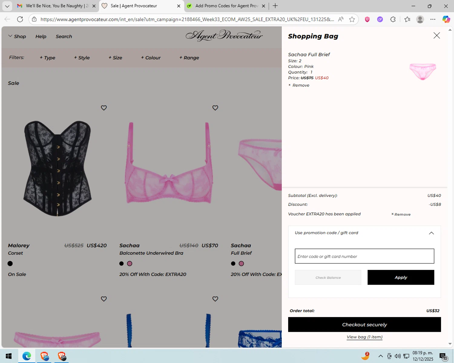 Agent Provocateur promo code screenshot showing code EXTRA20 applied at Agent Provocateur checkout page. Uploaded by SimplyCodes community member peachee on Dec 13, 2025