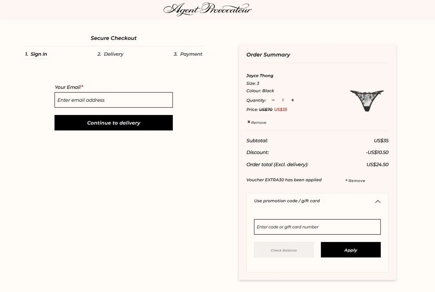 Agent Provocateur promo code screenshot showing code EXTRA30 applied at Agent Provocateur checkout page. Uploaded by SimplyCodes community member stygian1 on Dec 25, 2025