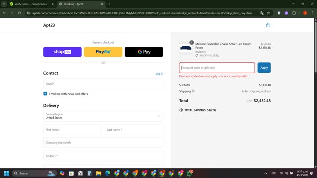 Apt2B checkout page showing Apt2B promo code box | Screenshot taken by SimplyCodes community member on Apr 15, 2025