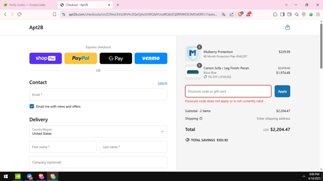 Apt2B checkout page showing Apt2B promo code box | Screenshot taken by SimplyCodes community member on Apr 15, 2025