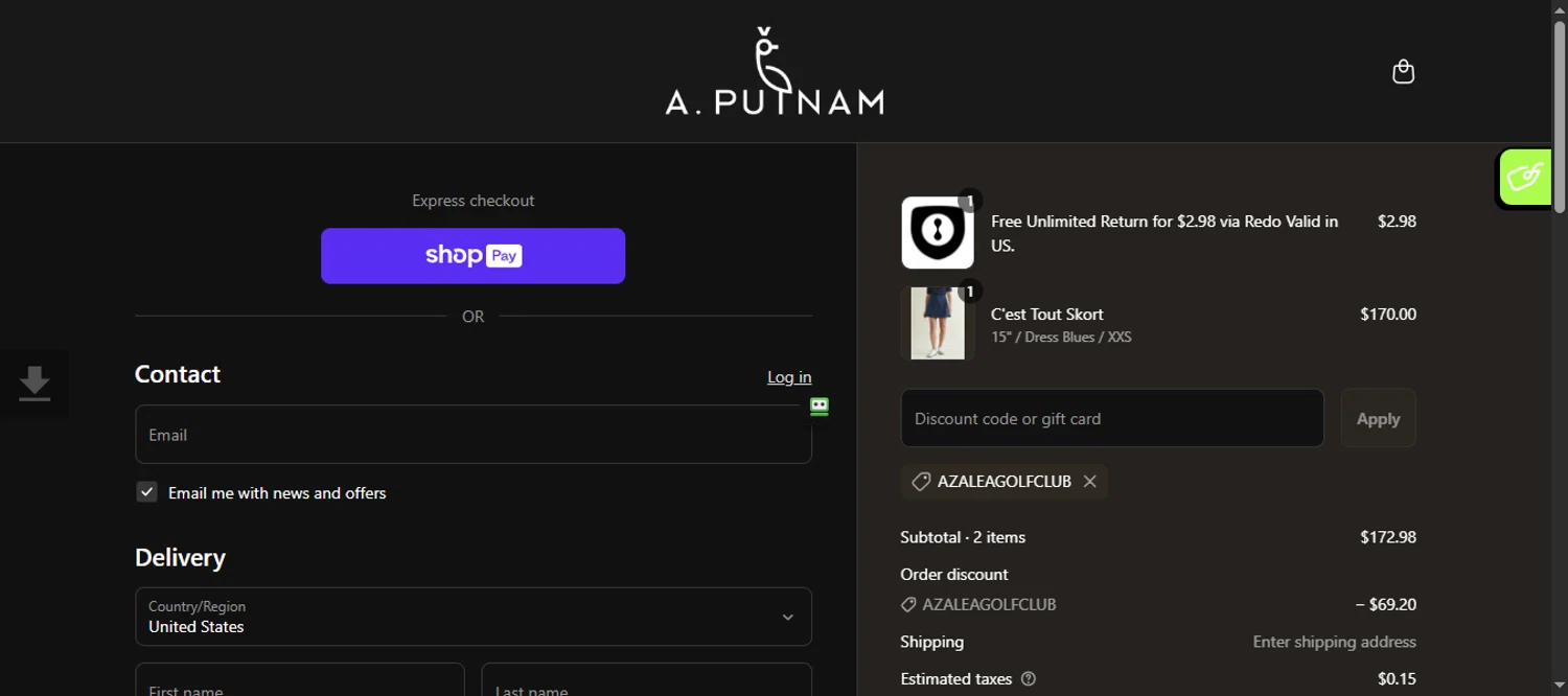 A. Putnam promo code screenshot showing code AZALEAGOLFCLUB applied at A. Putnam checkout page. Uploaded by SimplyCodes community member 111111 on Apr 7, 2025