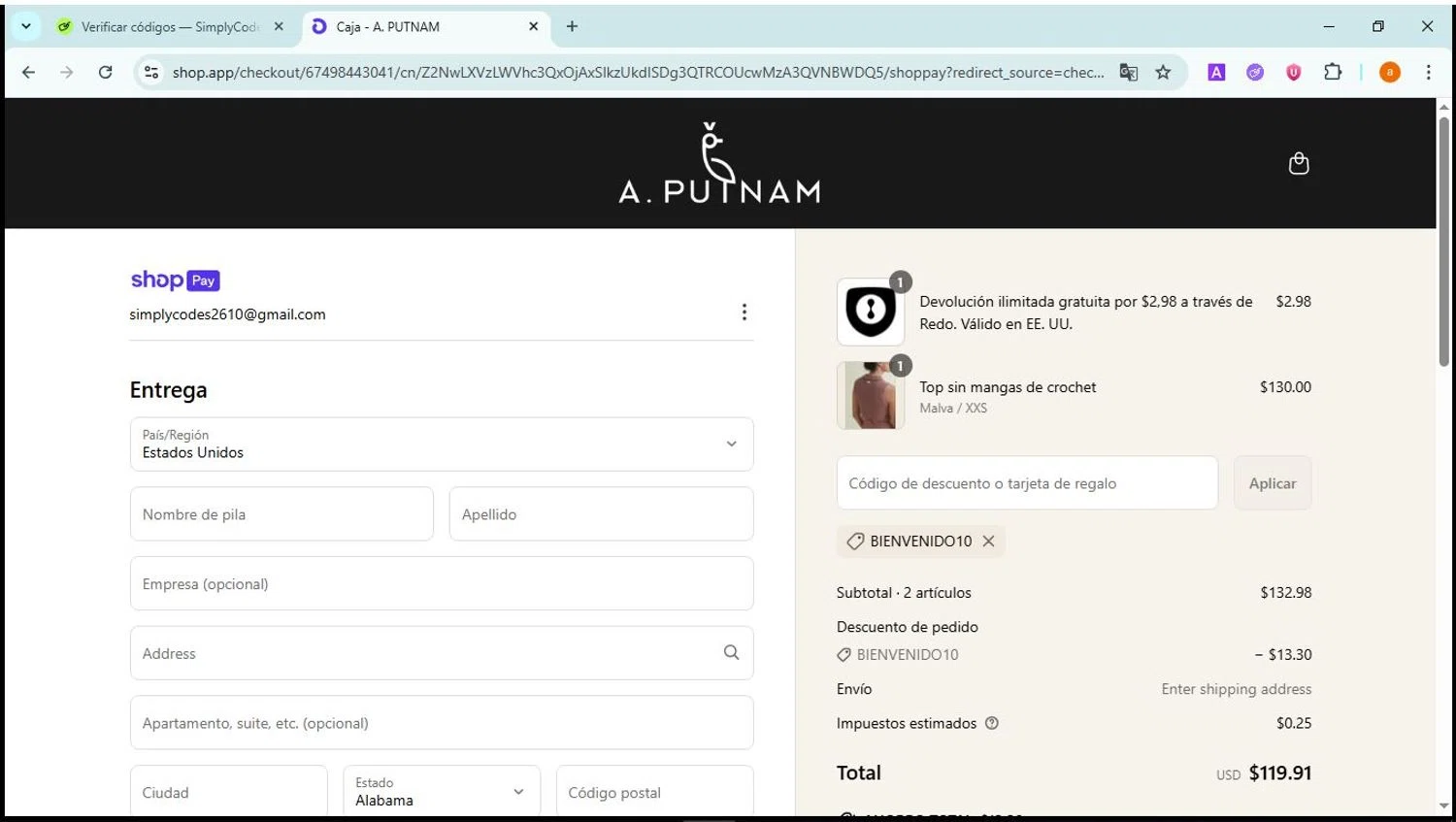 A. Putnam promo code screenshot showing code WELCOME10 applied at A. Putnam checkout page. Uploaded by SimplyCodes community member David81 on Jun 19, 2025