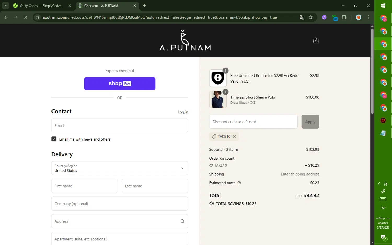 A. Putnam promo code screenshot showing code TAKE10 applied at A. Putnam checkout page. Uploaded by SimplyCodes community member CashMaverick8128 on Aug 5, 2025