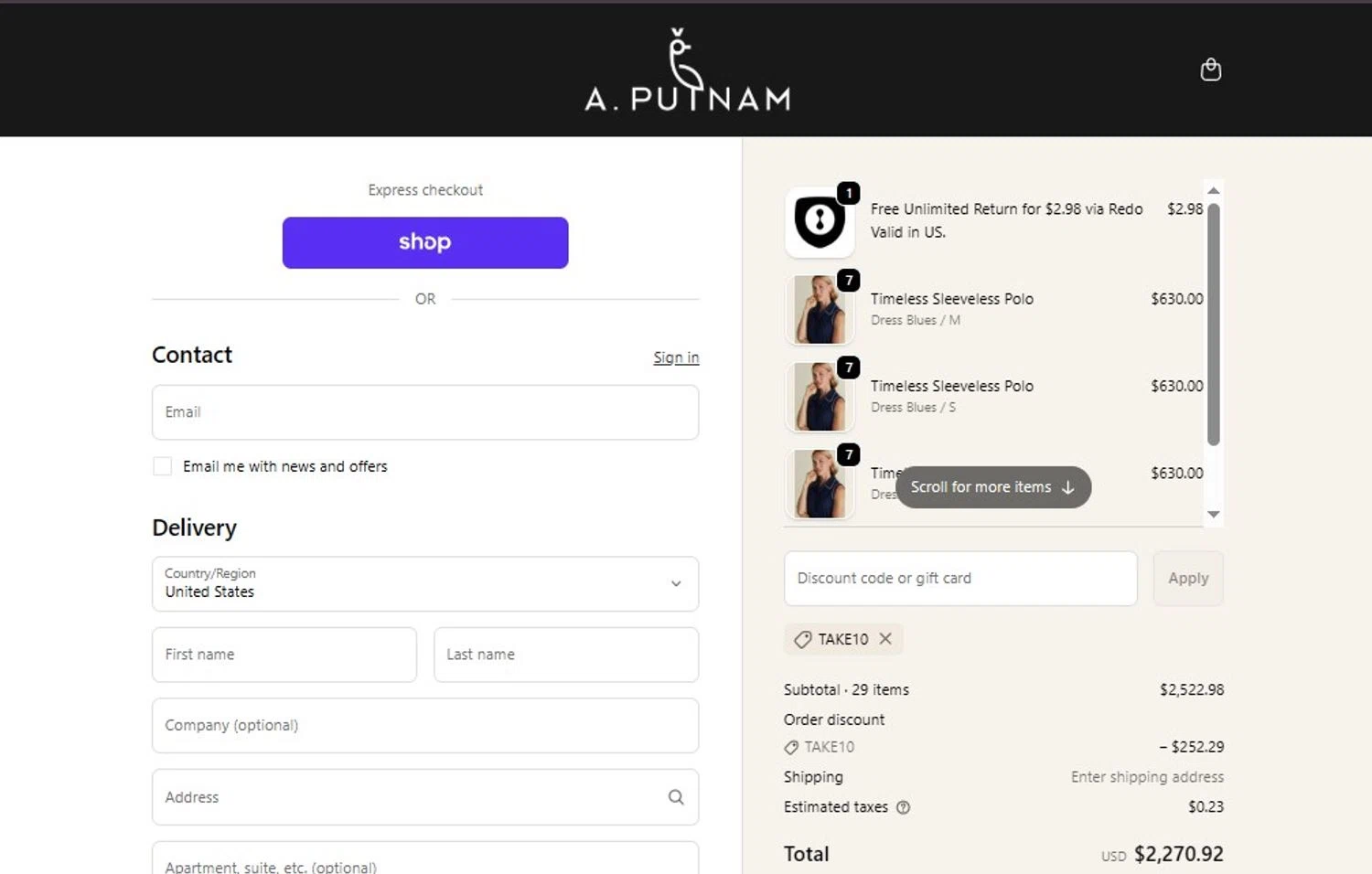 A. Putnam promo code screenshot showing code TAKE10 applied at A. Putnam checkout page. Uploaded by SimplyCodes community member PennyScholar167 on Oct 11, 2025