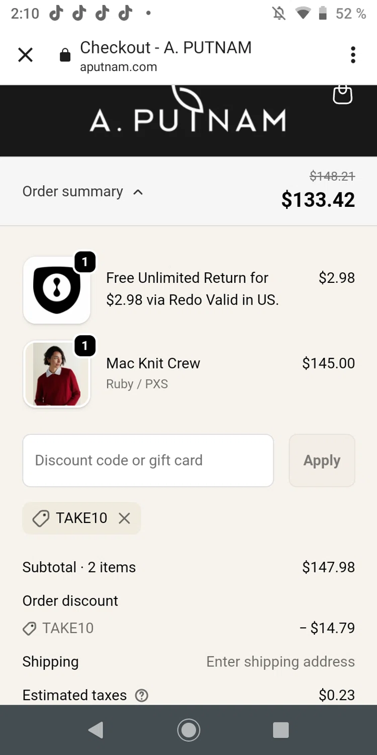 A. Putnam promo code screenshot showing code TAKE10 applied at A. Putnam checkout page. Uploaded by SimplyCodes community member zaidaelena on Sep 21, 2025