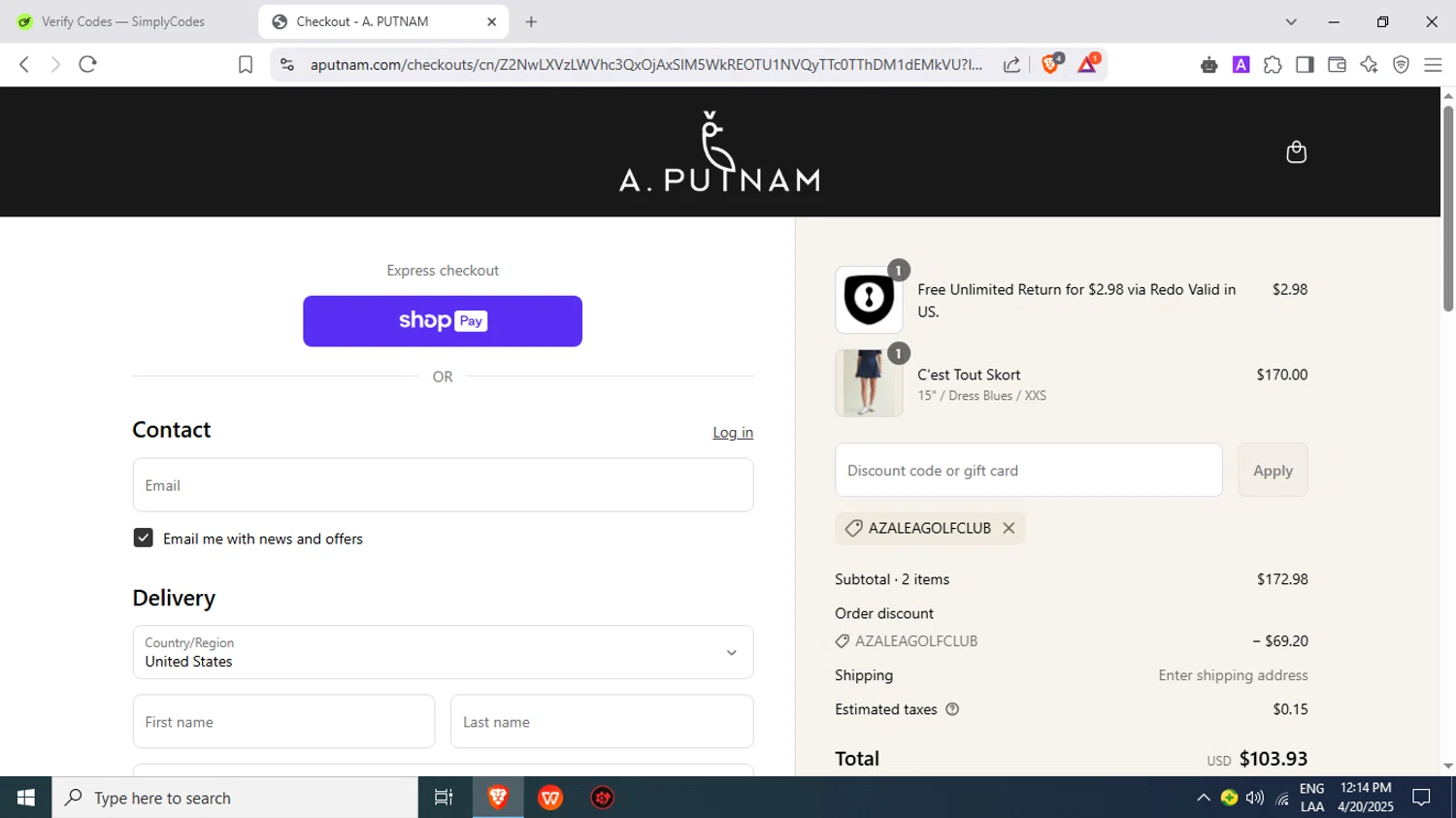 A. Putnam promo code screenshot showing code AZALEAGOLFCLUB applied at A. Putnam checkout page. Uploaded by SimplyCodes community member EstefanyMarrufo on Apr 20, 2025