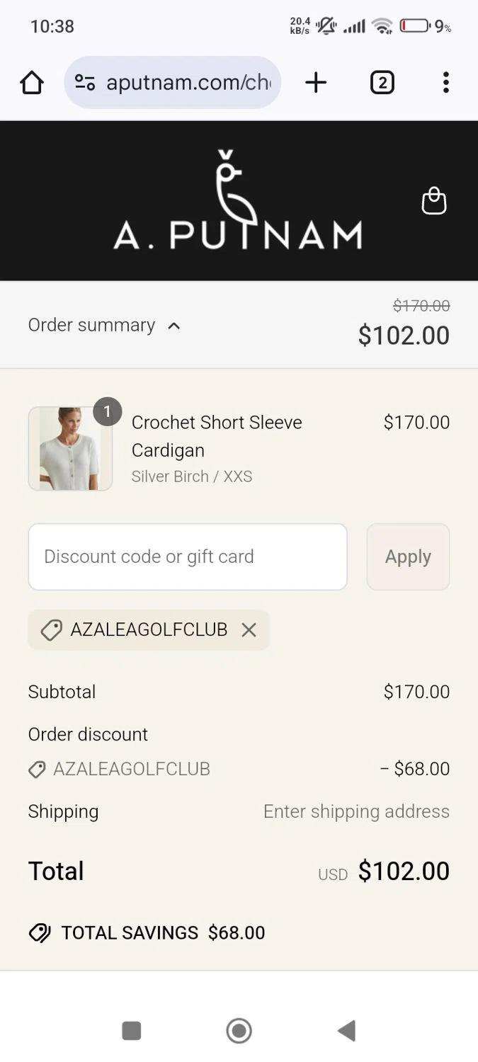 A. Putnam promo code screenshot showing code AZALEAGOLFCLUB applied at A. Putnam checkout page. Uploaded by SimplyCodes community member CrownChaser949 on Apr 7, 2025