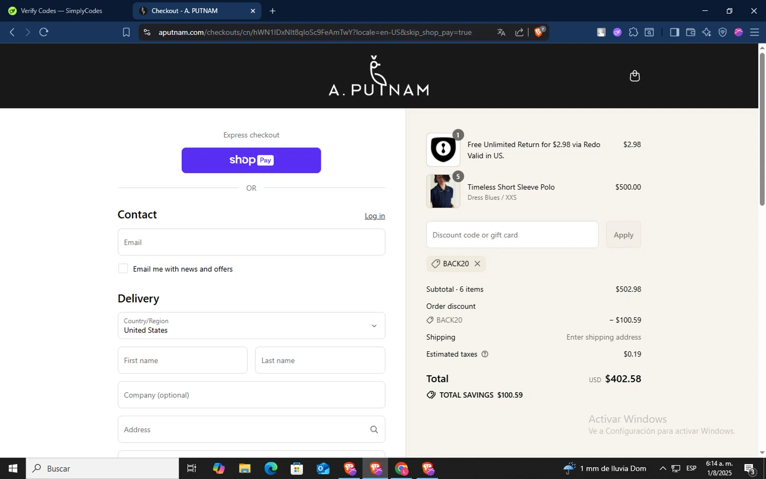 A. Putnam promo code screenshot showing code BACK20 applied at A. Putnam checkout page. Uploaded by SimplyCodes community member TokenSaver1205 on Aug 1, 2025